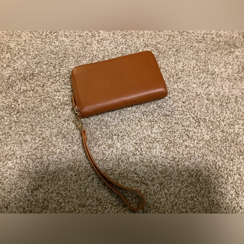 Mark and Graham wallet wristlet in camel color